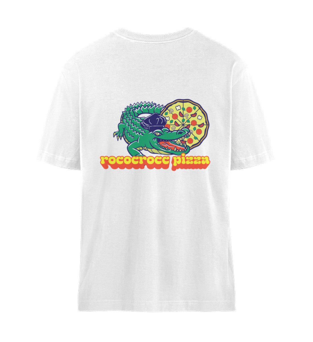 White T-shirt with a playful back print showing a cheerful crocodile baking a colorful pizza, accompanied by the text "rococrocc pizza" in bold letters.