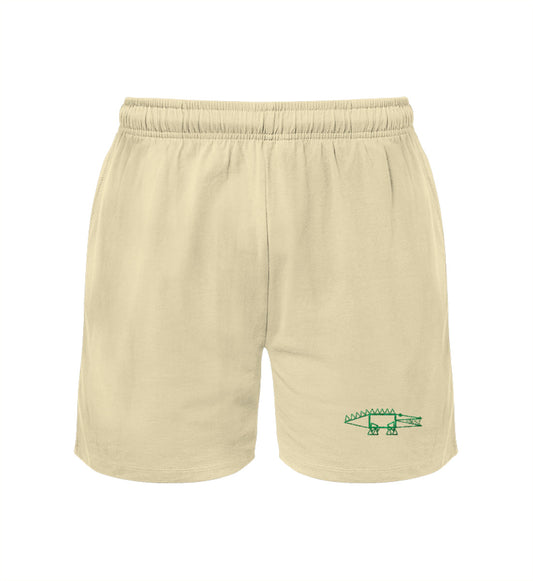 Beige organic cotton 'crocodile shorts' featuring a sassy little crocodile embroidery that promises to keep you cool and eco-conscious while giving a subtle bite to your summer fashion.