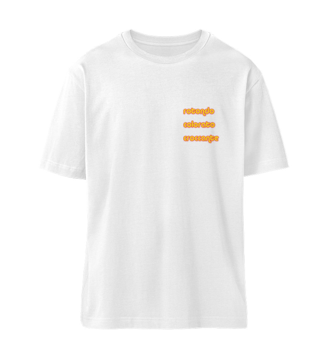 White Rococrocc Pizza T-Shirt with "rotondo colorato croccante" printed in orange text on the chest.