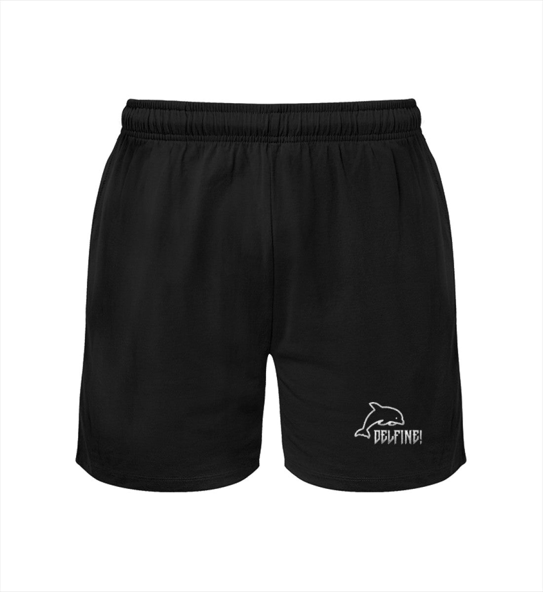 Schwarze "Delfine! Metal Shorts" aus 100% Bio-Baumwolle mit einem rockenden Delfin-Logo, ideal für Konzerte, Skaten oder auch nur zum Abhängen am Strand und ein Statement für die Ozeane setzen.