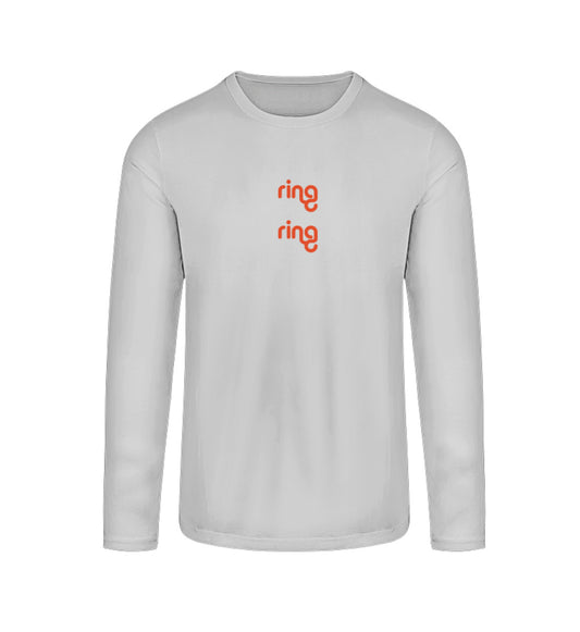 Eco-friendly long sleeve shirt with 'ring ring' text, perfect for sustainable fashion lovers who prefer their phone calls in writing