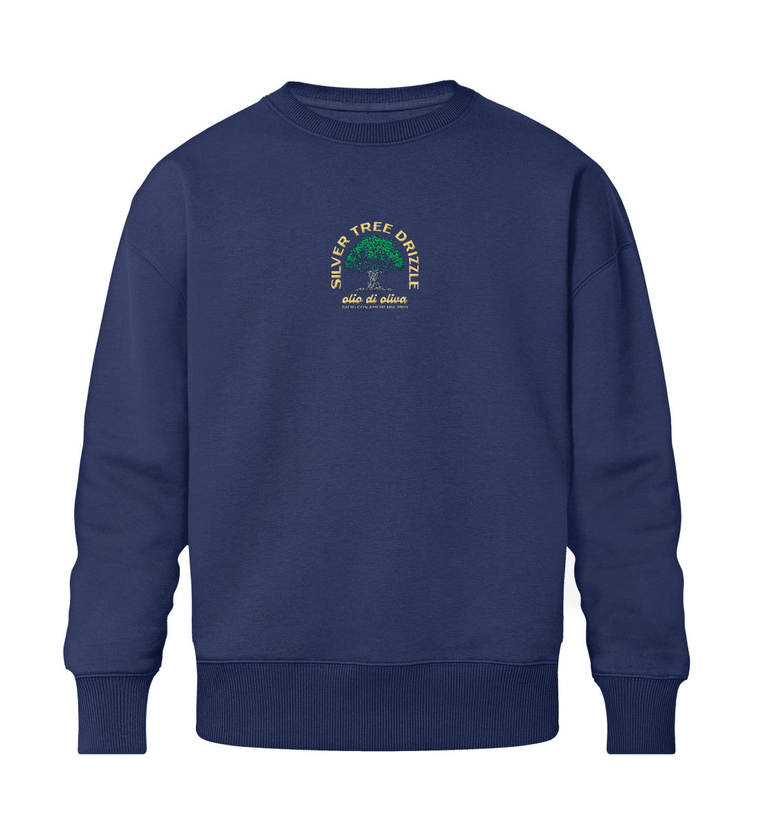 Navy sweater with 'Silver Tree Drizzle' logo: eco-friendly fashion meets olive oil chic. Wear it and feel like a well-seasoned salad, but in a good way!